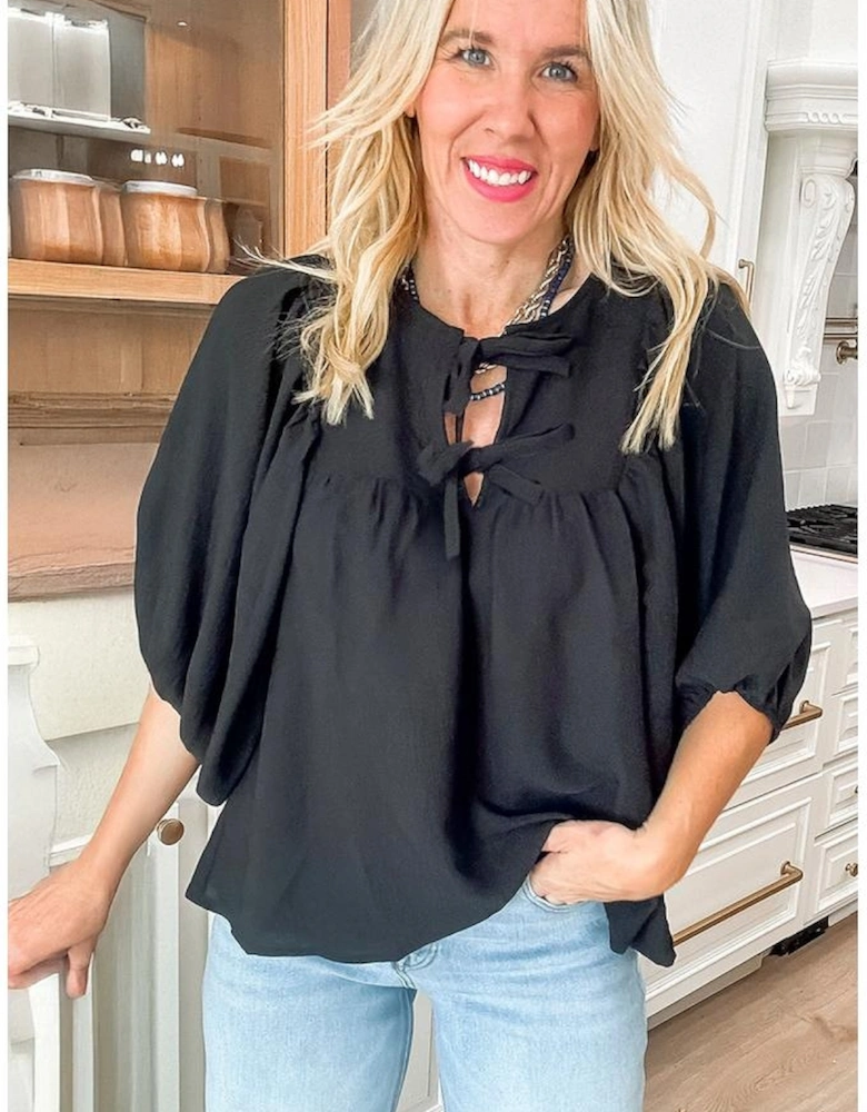 Black Bow Tie Neck 3/4 Sleeve Casual Blouse