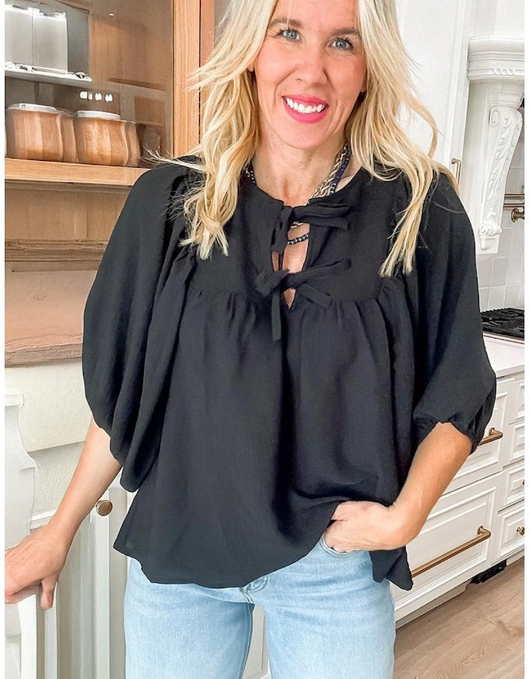 Black Bow Tie Neck 3/4 Sleeve Casual Blouse