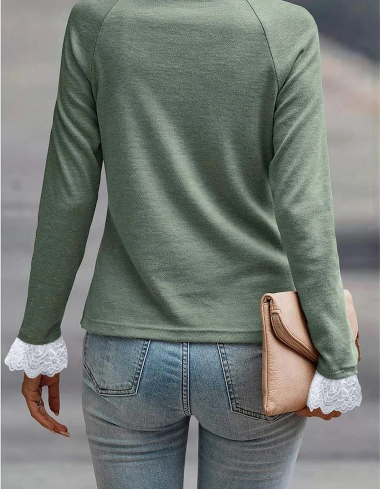 Grass Green Seam Detail Lace Contrast Cuffs Raglan Sleeve Top