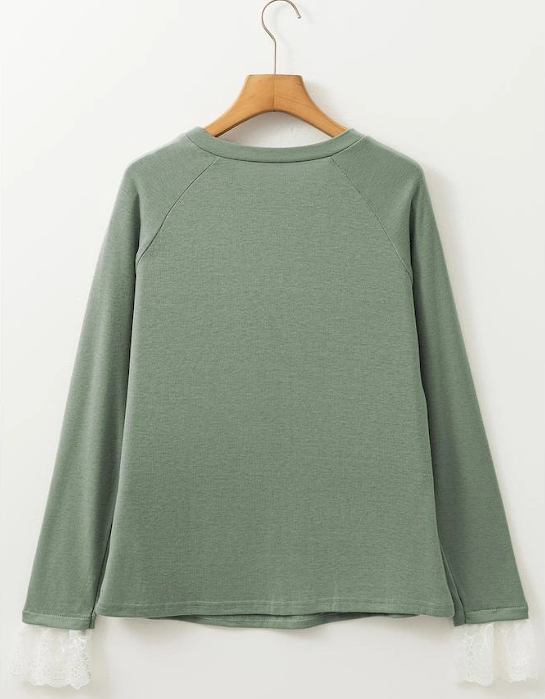 Grass Green Seam Detail Lace Contrast Cuffs Raglan Sleeve Top
