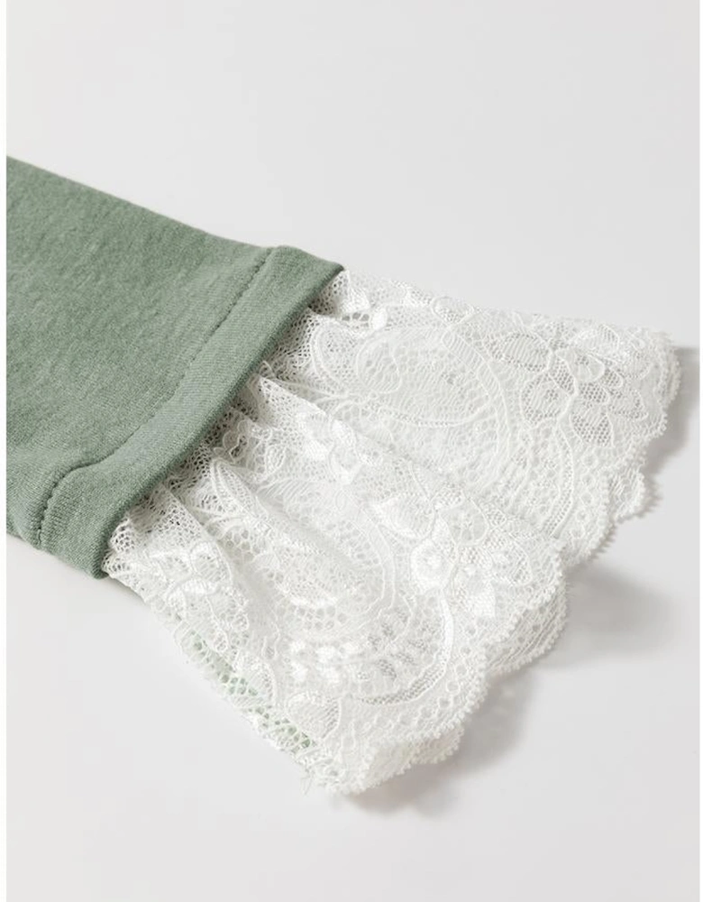 Grass Green Seam Detail Lace Contrast Cuffs Raglan Sleeve Top