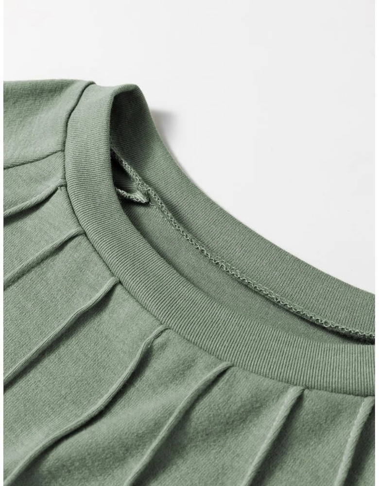 Grass Green Seam Detail Lace Contrast Cuffs Raglan Sleeve Top