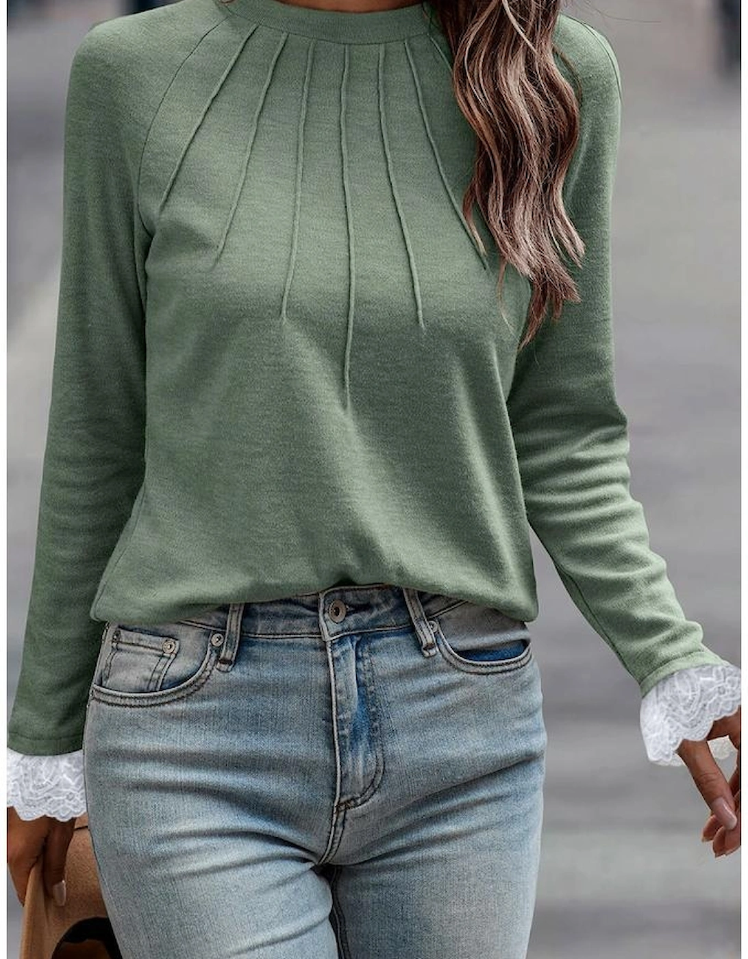Grass Green Seam Detail Lace Contrast Cuffs Raglan Sleeve Top