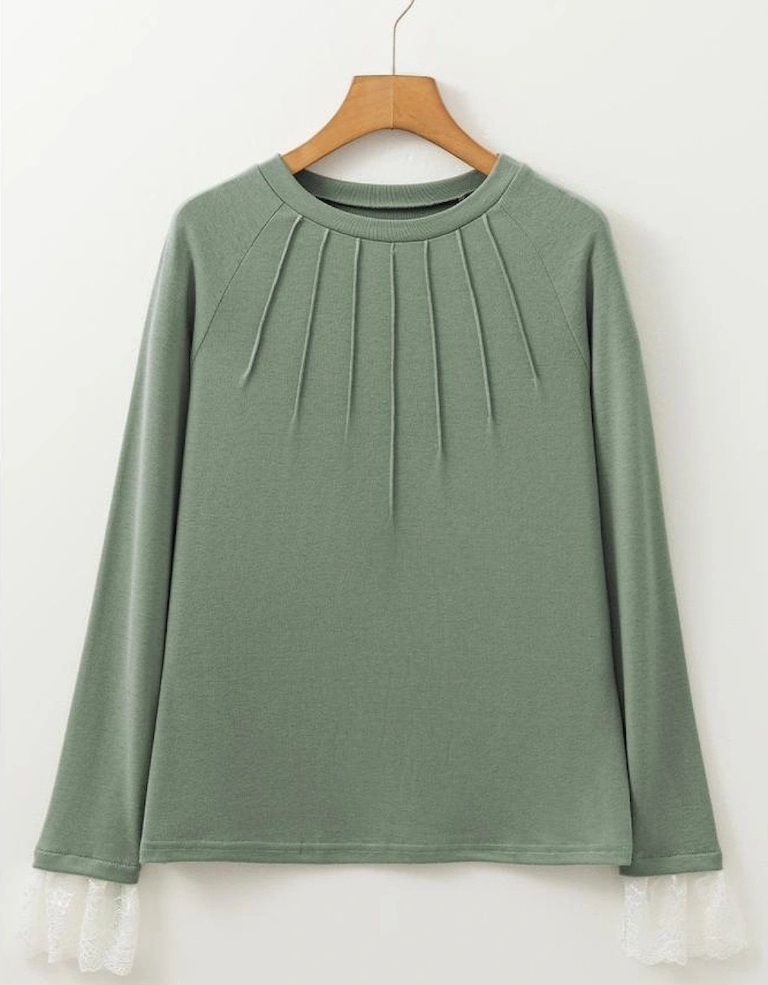 Grass Green Seam Detail Lace Contrast Cuffs Raglan Sleeve Top