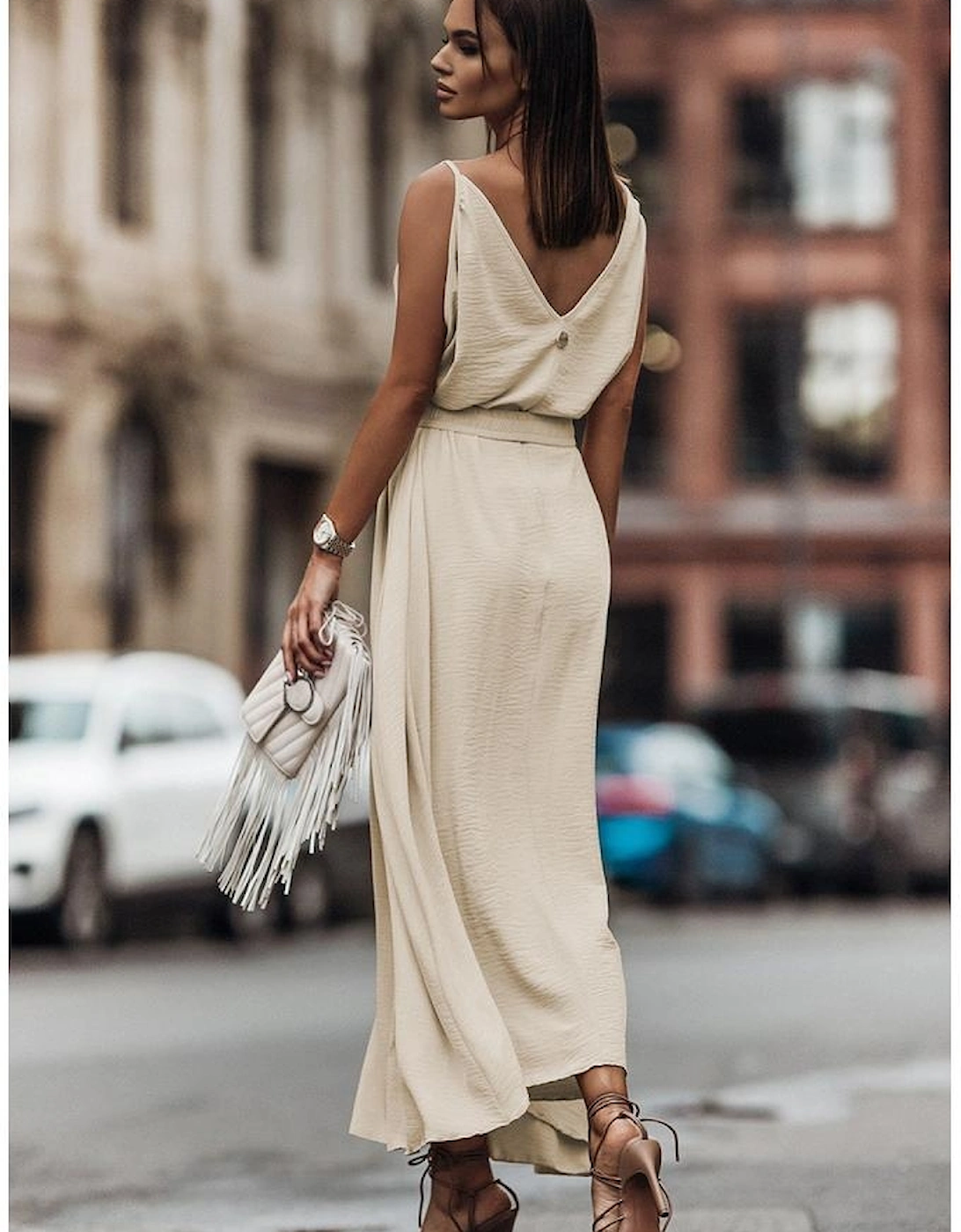 Apricot V Neck Sleeveless Maxi Dress with Elastic Belt