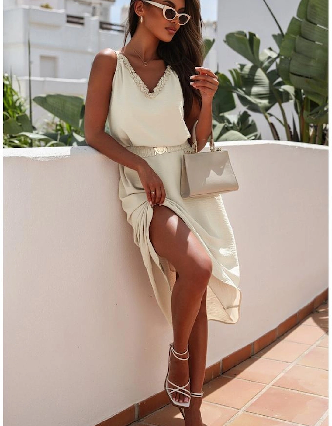 Apricot V Neck Sleeveless Maxi Dress with Elastic Belt