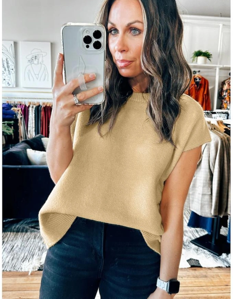 Azura Exchange Parchment Solid Color Ribbed Trim Short Sleeve Sweater