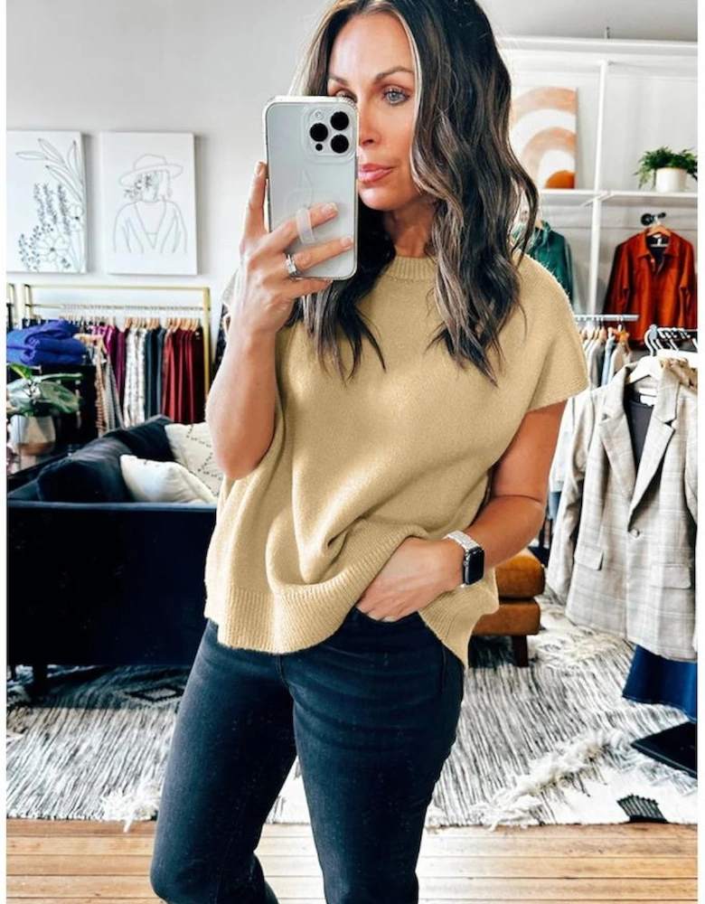 Azura Exchange Parchment Solid Color Ribbed Trim Short Sleeve Sweater