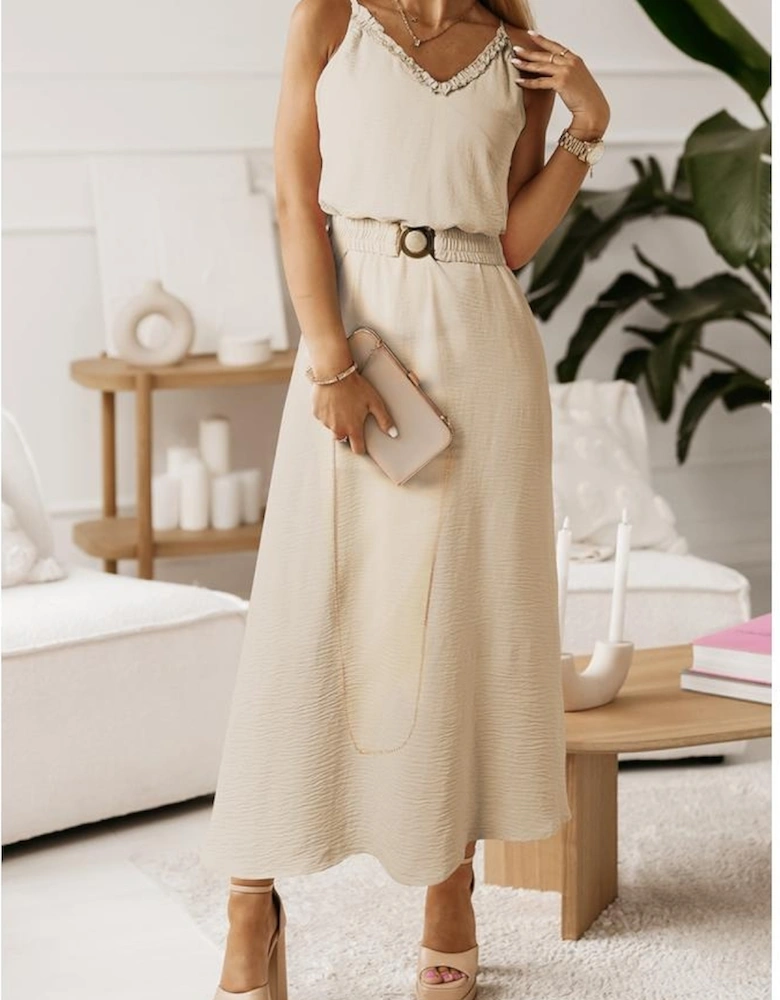 Apricot V Neck Sleeveless Maxi Dress with Elastic Belt