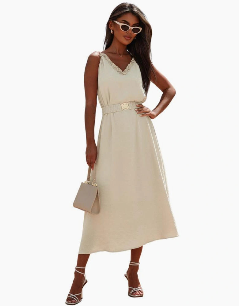 Apricot V Neck Sleeveless Maxi Dress with Elastic Belt