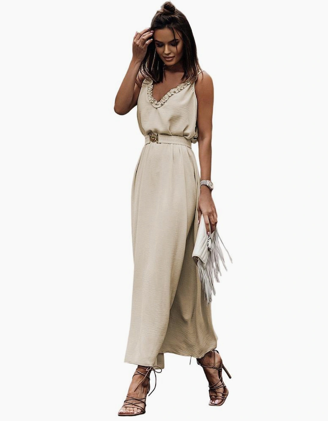 Apricot V Neck Sleeveless Maxi Dress with Elastic Belt