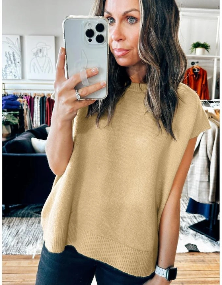 Azura Exchange Parchment Solid Color Ribbed Trim Short Sleeve Sweater