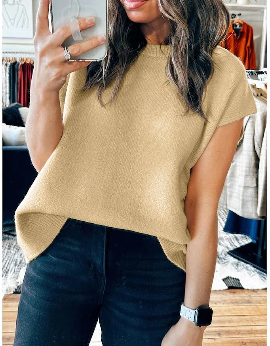 Azura Exchange Parchment Solid Color Ribbed Trim Short Sleeve Sweater