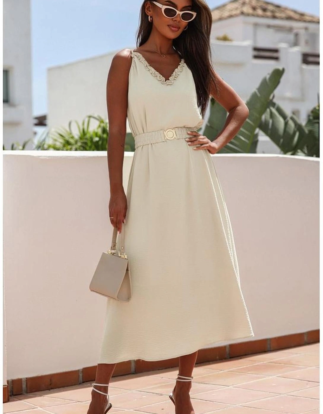 Apricot V Neck Sleeveless Maxi Dress with Elastic Belt