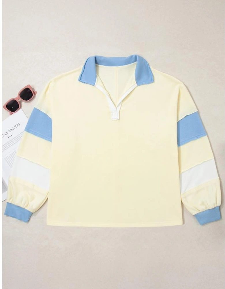 Yellow Cream Raw Seam Color Block Patchwork Plus Size V Neck Pullover