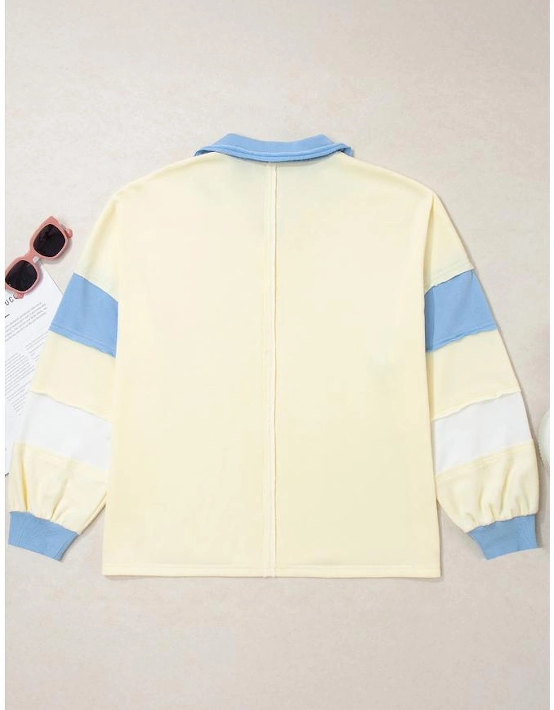 Yellow Cream Raw Seam Color Block Patchwork Plus Size V Neck Pullover