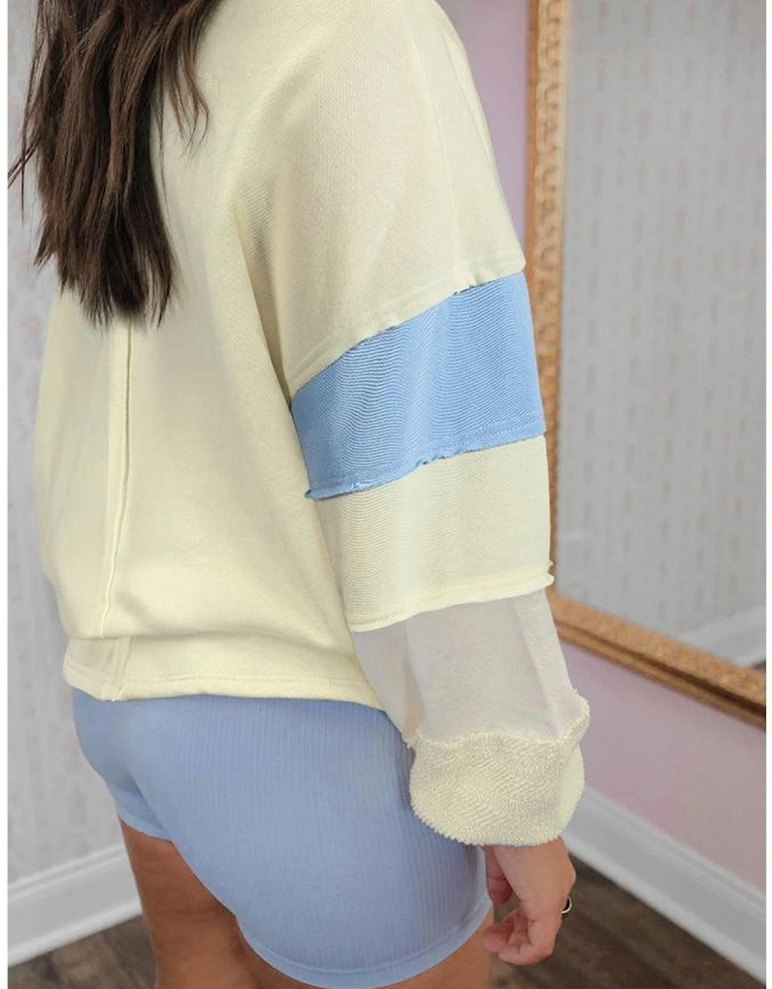 Yellow Cream Raw Seam Color Block Patchwork Plus Size V Neck Pullover, 10 of 9