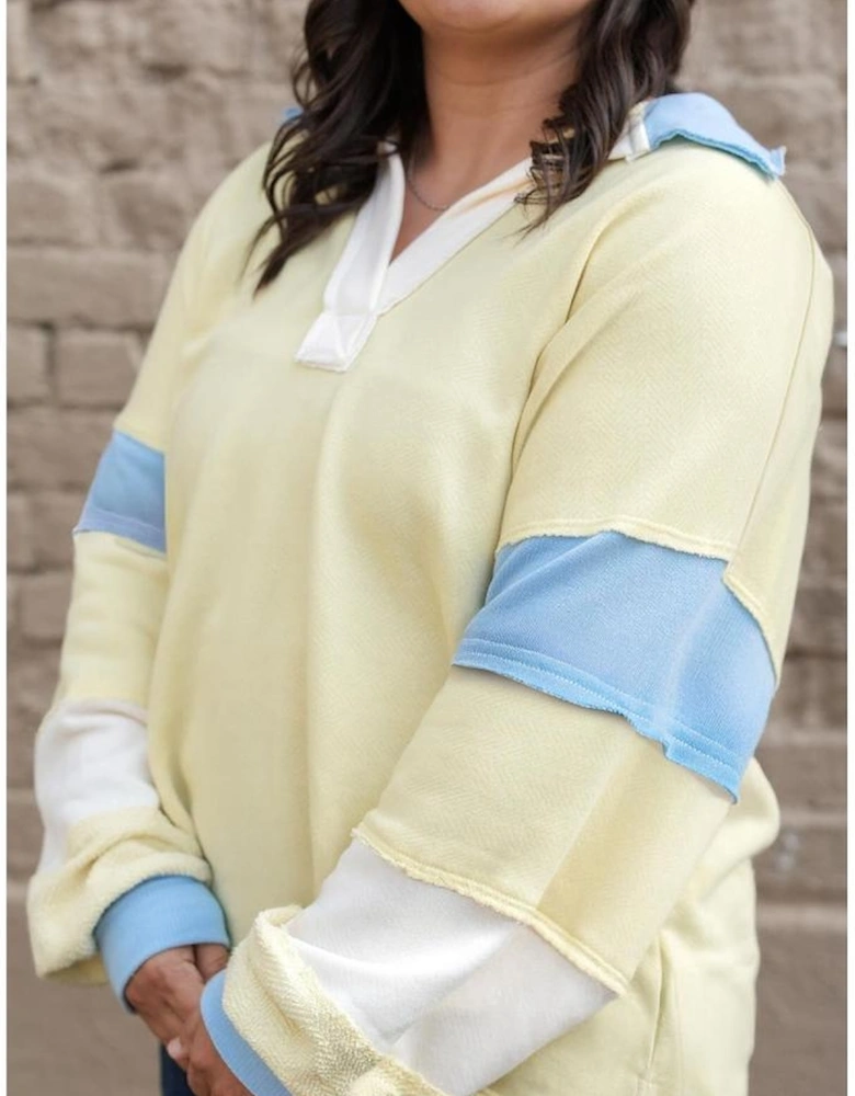 Yellow Cream Raw Seam Color Block Patchwork Plus Size V Neck Pullover
