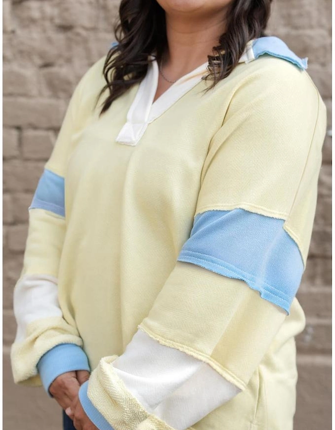 Yellow Cream Raw Seam Color Block Patchwork Plus Size V Neck Pullover