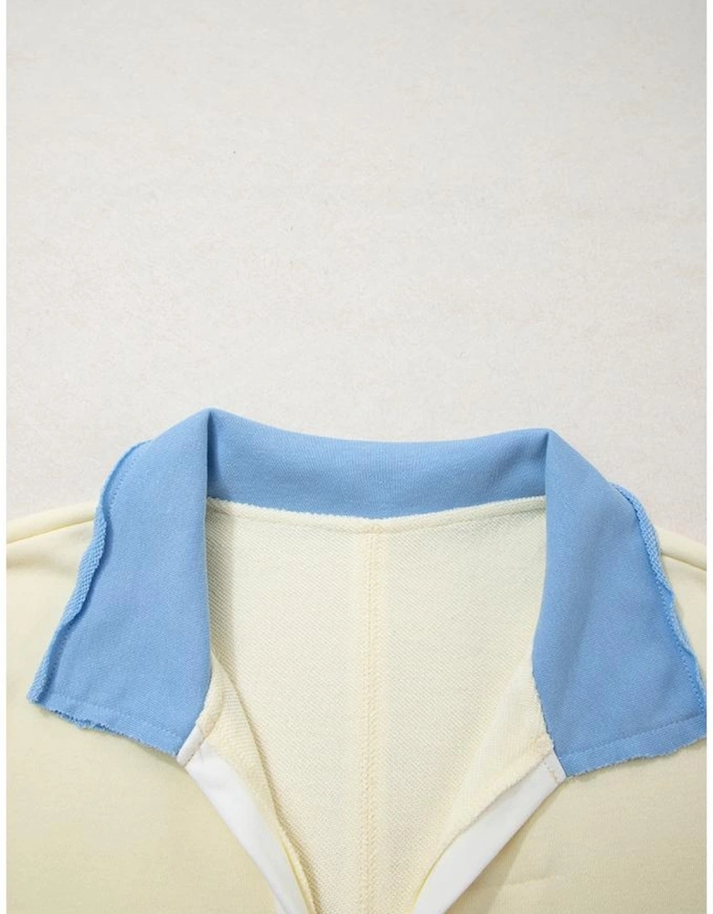 Yellow Cream Raw Seam Color Block Patchwork Plus Size V Neck Pullover