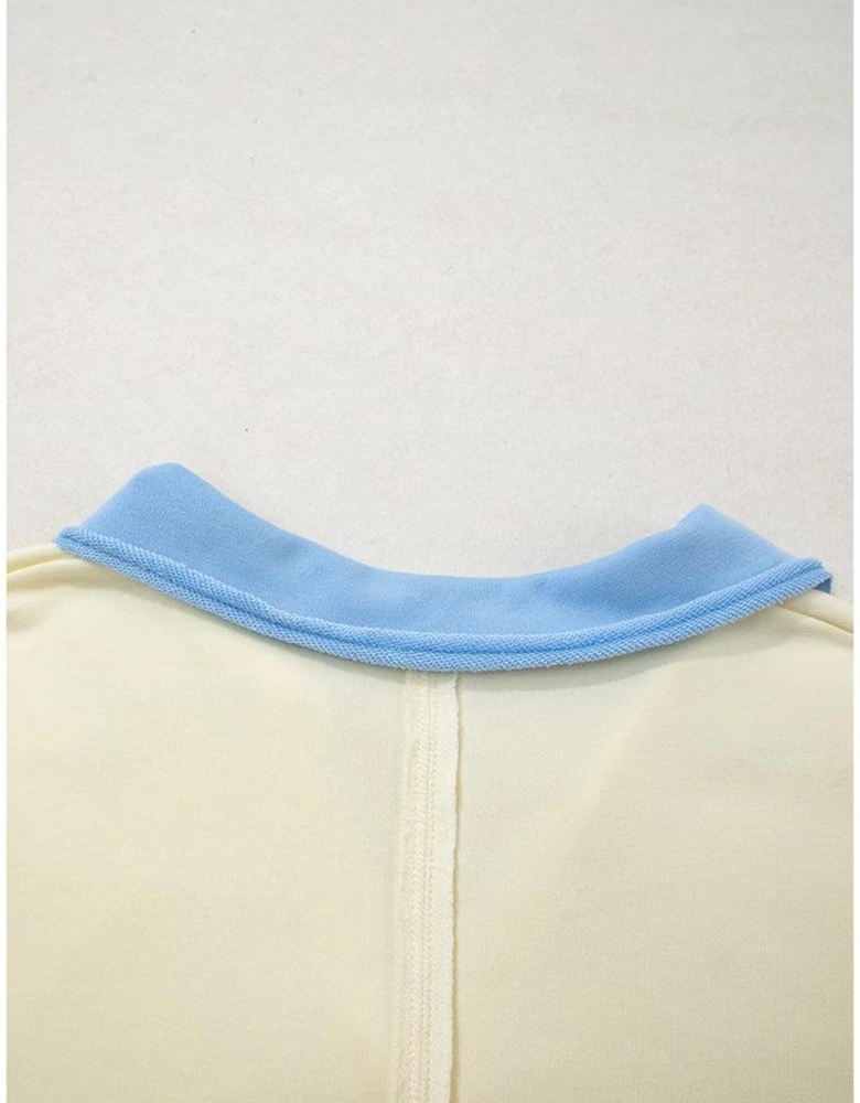 Yellow Cream Raw Seam Color Block Patchwork Plus Size V Neck Pullover