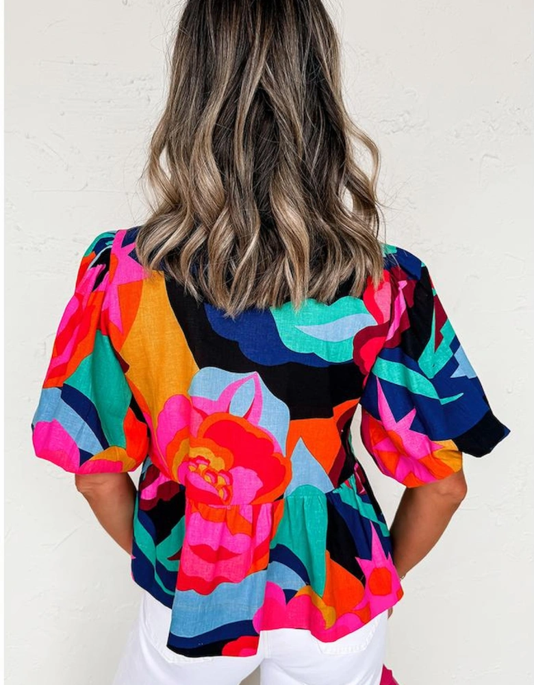 Red Abstract Floral Print Front Tied Puff Sleeve Babydoll Blouse