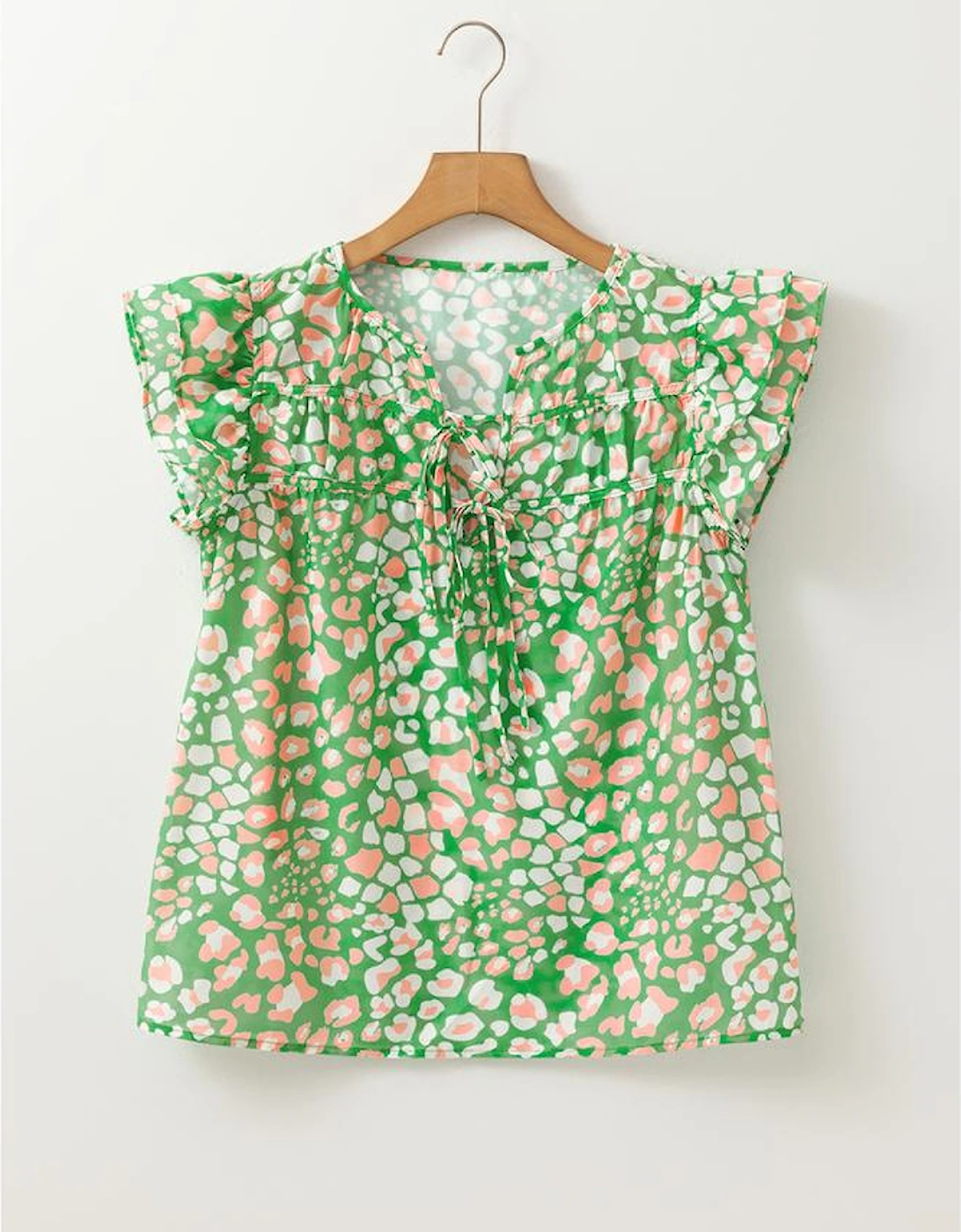 Green Abstract Leopard Tied Front Flutter Sleeve Blouse, 9 of 8