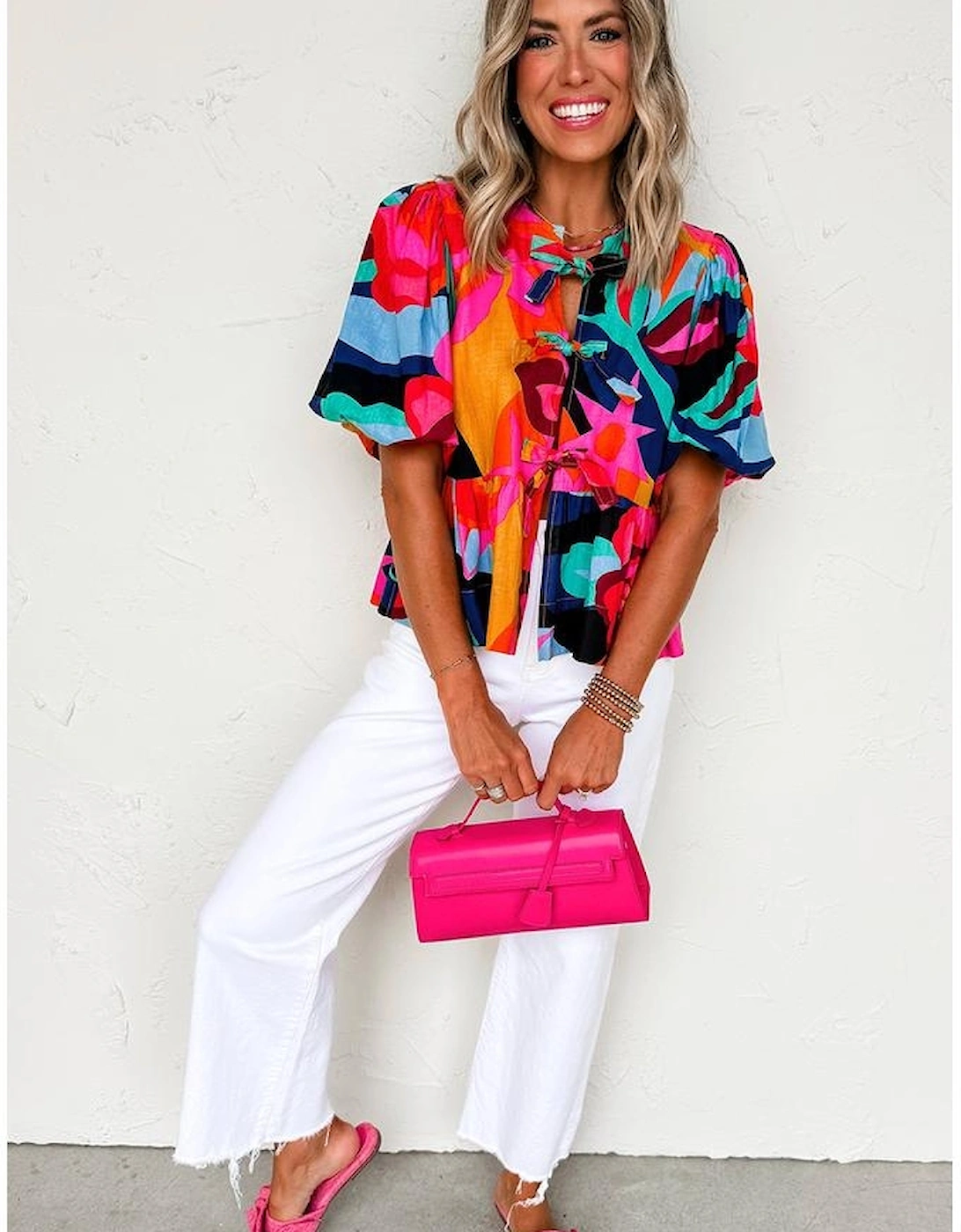 Red Abstract Floral Print Front Tied Puff Sleeve Babydoll Blouse