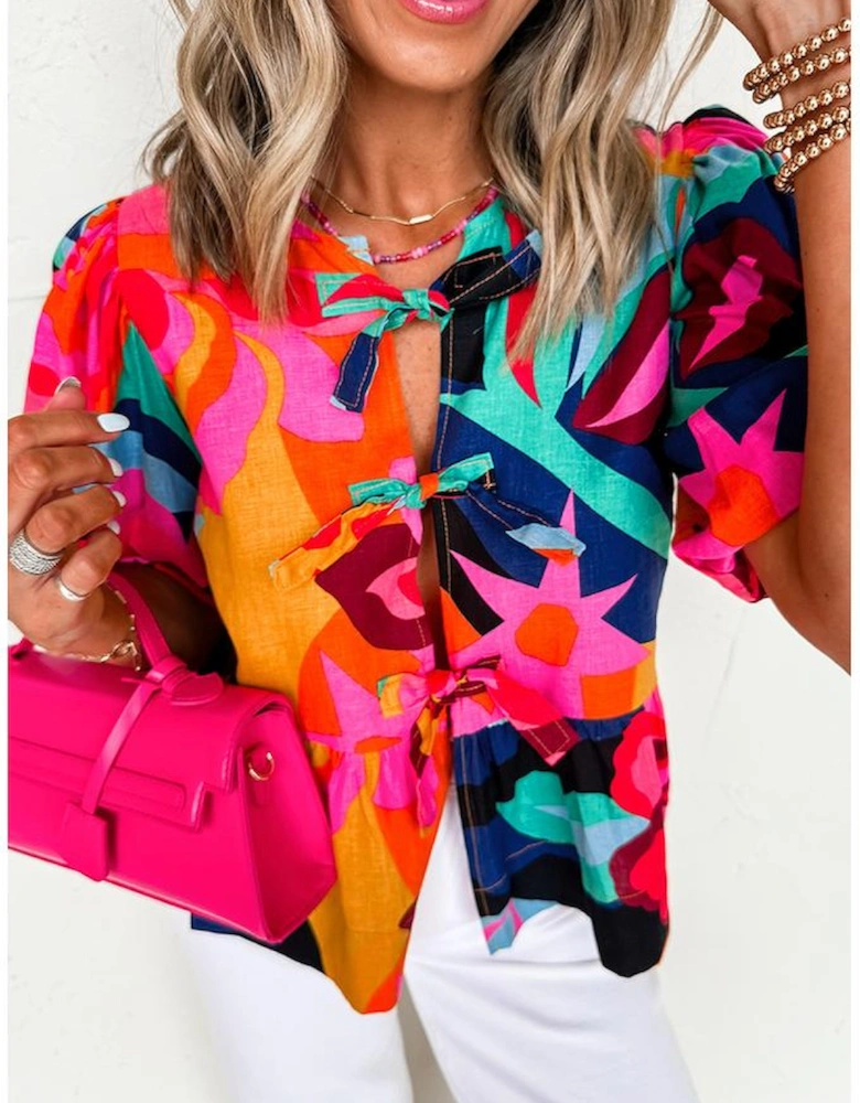 Red Abstract Floral Print Front Tied Puff Sleeve Babydoll Blouse