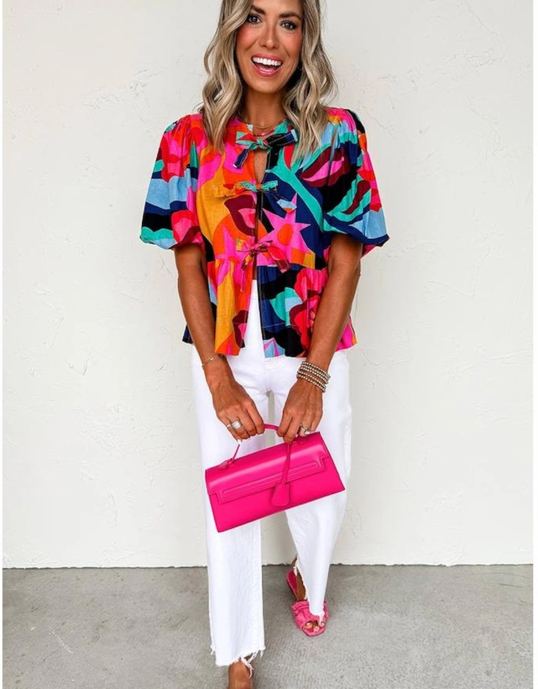 Red Abstract Floral Print Front Tied Puff Sleeve Babydoll Blouse