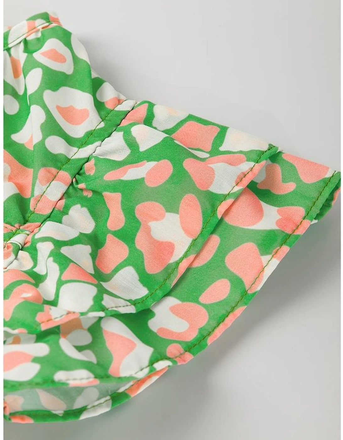 Green Abstract Leopard Tied Front Flutter Sleeve Blouse