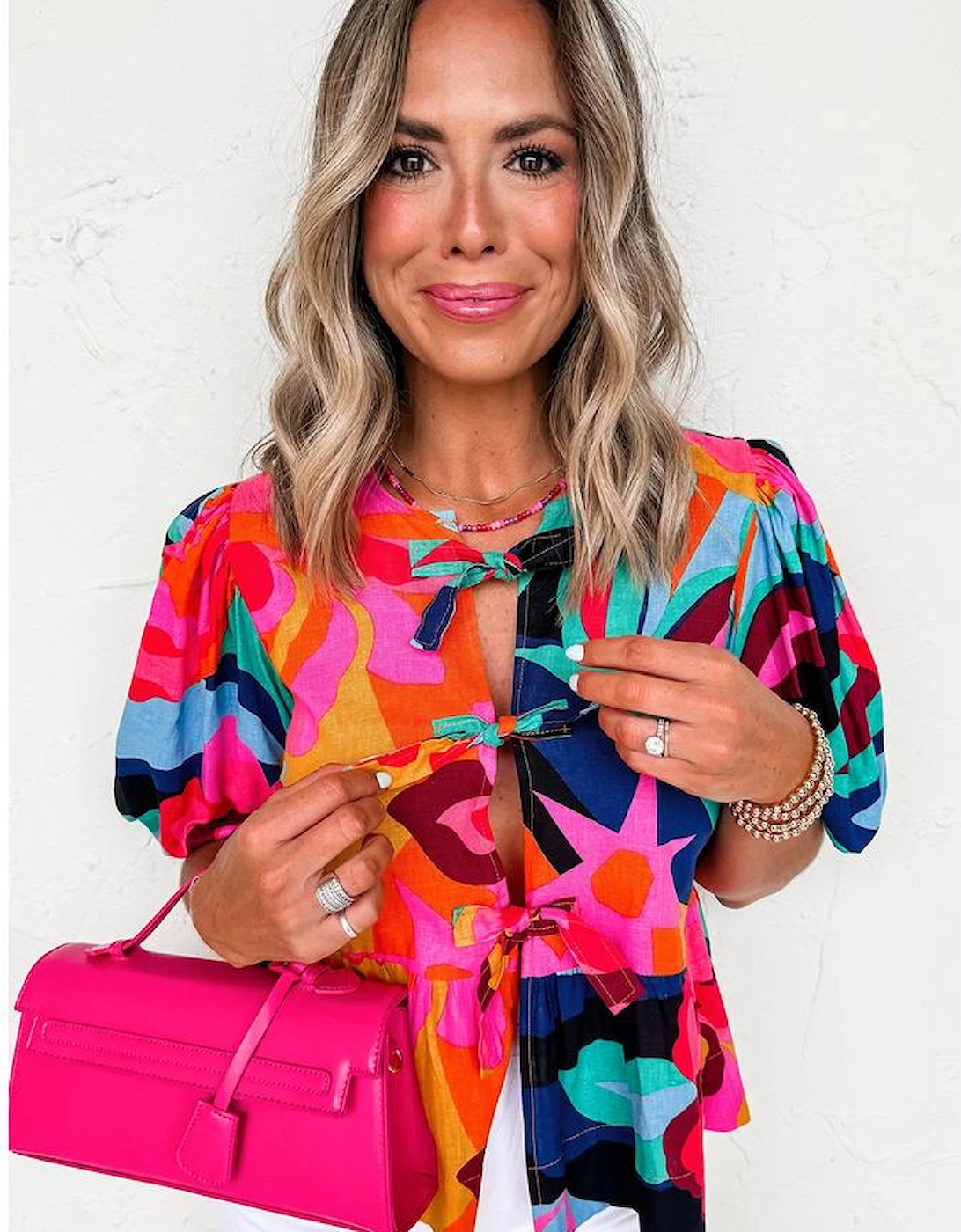 Red Abstract Floral Print Front Tied Puff Sleeve Babydoll Blouse