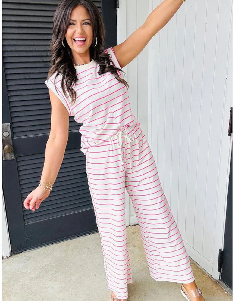 Rose Stripe Casual Wide Leg 2pcs Pants Set