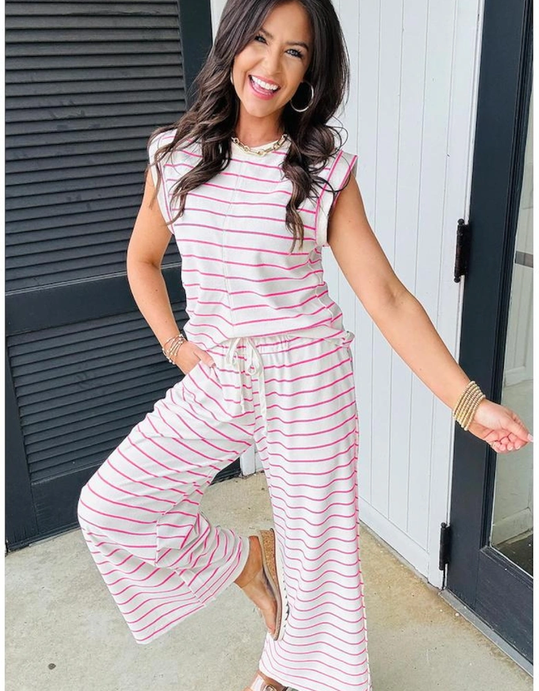 Rose Stripe Casual Wide Leg 2pcs Pants Set