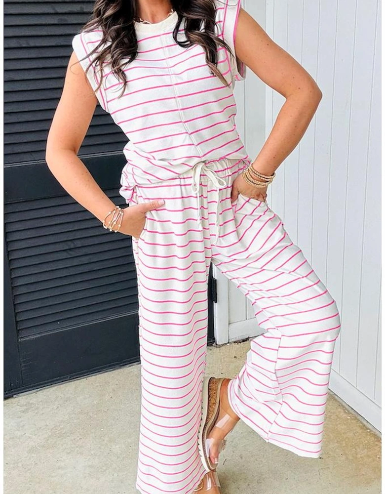 Rose Stripe Casual Wide Leg 2pcs Pants Set