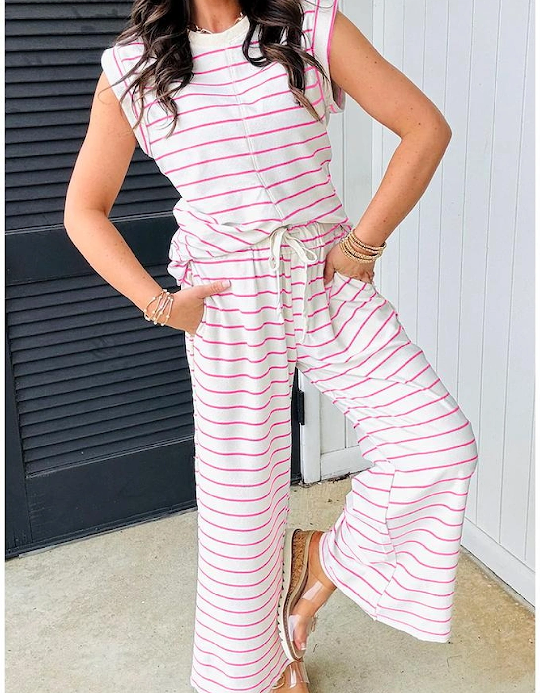 Rose Stripe Casual Wide Leg 2pcs Pants Set