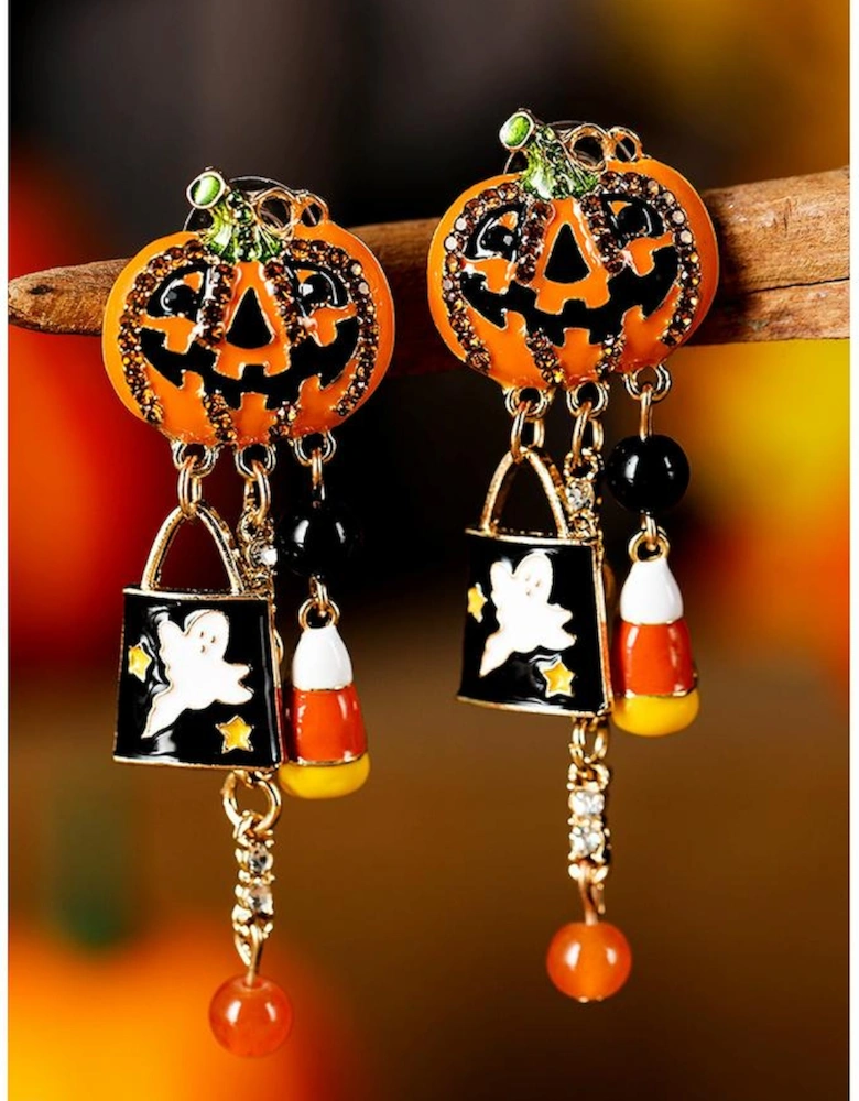 Orange Halloween Rhinestone Pumpkin Ghost Tassel Earrings
