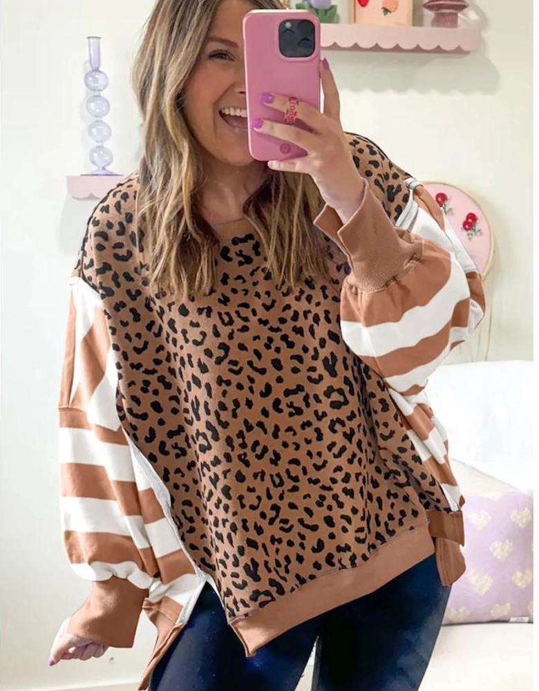Khaki Stripe Color Block Patchwork Leopard Casual Sweatshirt with Slits
