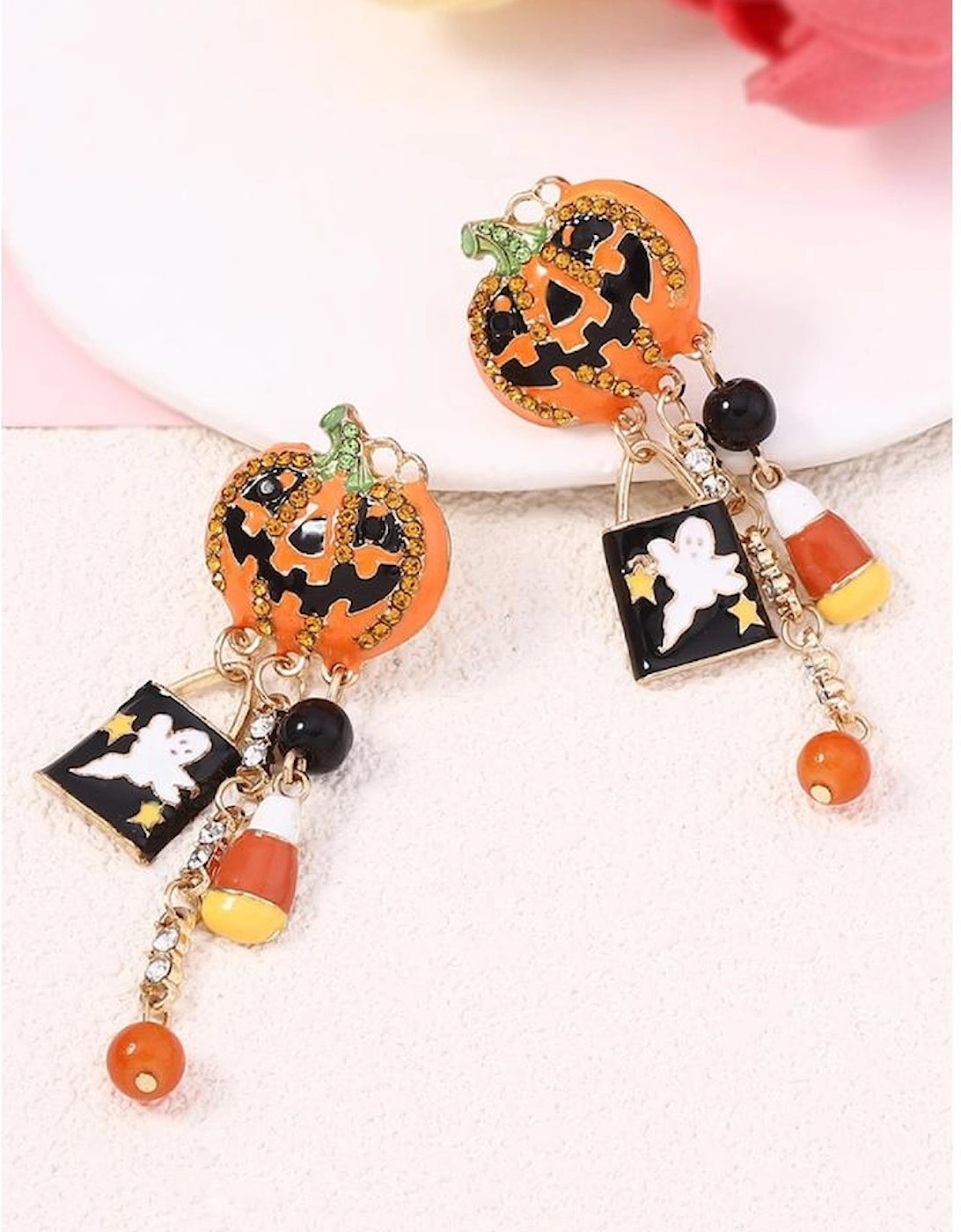 Orange Halloween Rhinestone Pumpkin Ghost Tassel Earrings