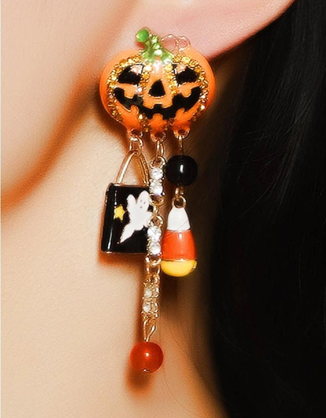 Orange Halloween Rhinestone Pumpkin Ghost Tassel Earrings