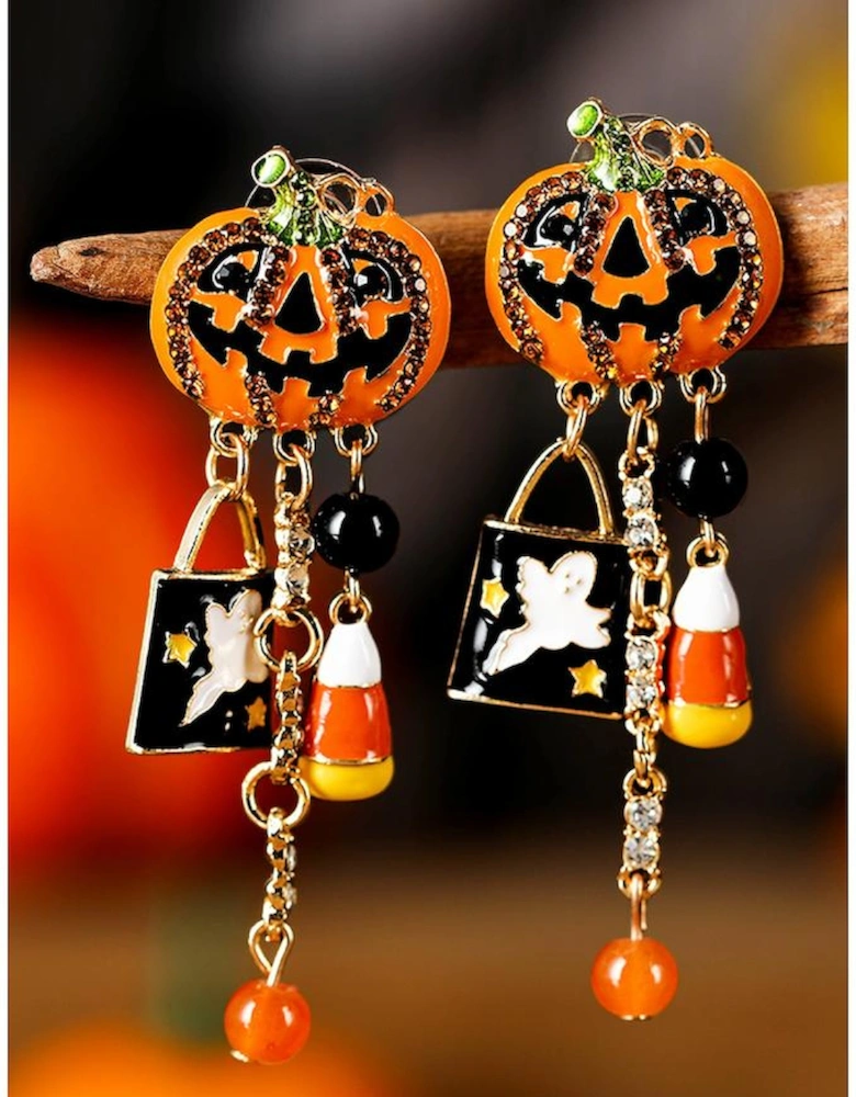 Orange Halloween Rhinestone Pumpkin Ghost Tassel Earrings