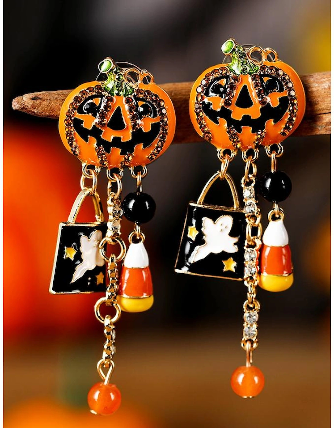 Orange Halloween Rhinestone Pumpkin Ghost Tassel Earrings, 7 of 6