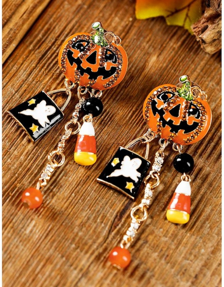 Orange Halloween Rhinestone Pumpkin Ghost Tassel Earrings