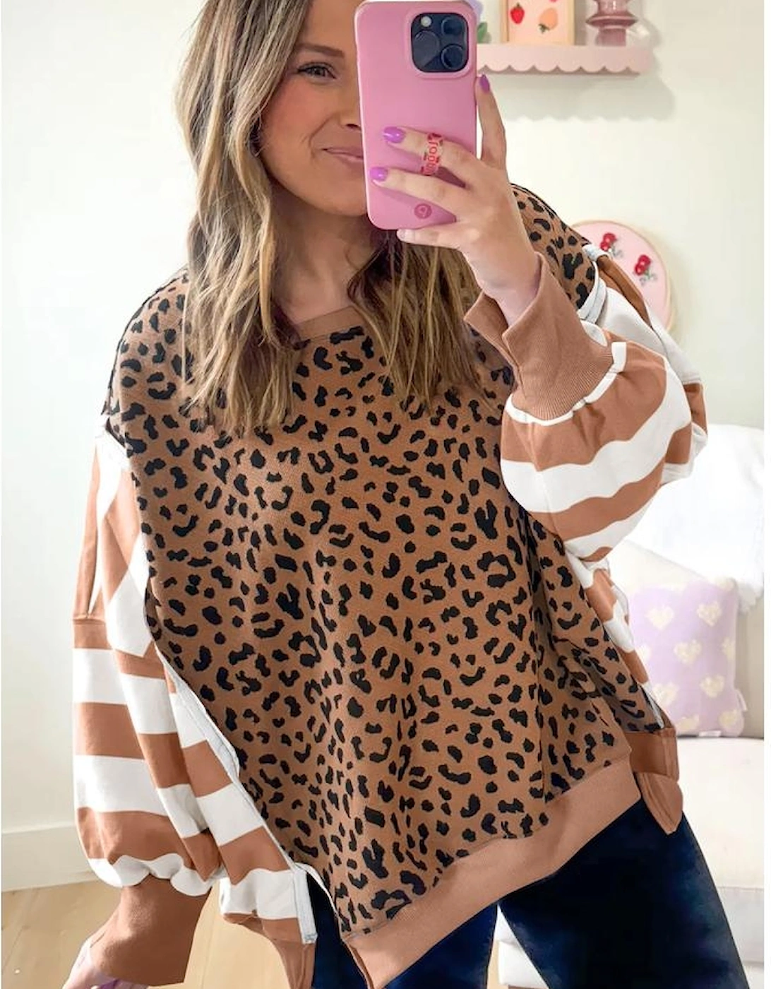Khaki Stripe Color Block Patchwork Leopard Casual Sweatshirt with Slits