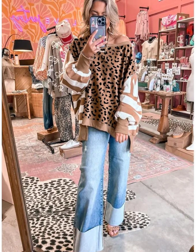 Khaki Stripe Color Block Patchwork Leopard Casual Sweatshirt with Slits