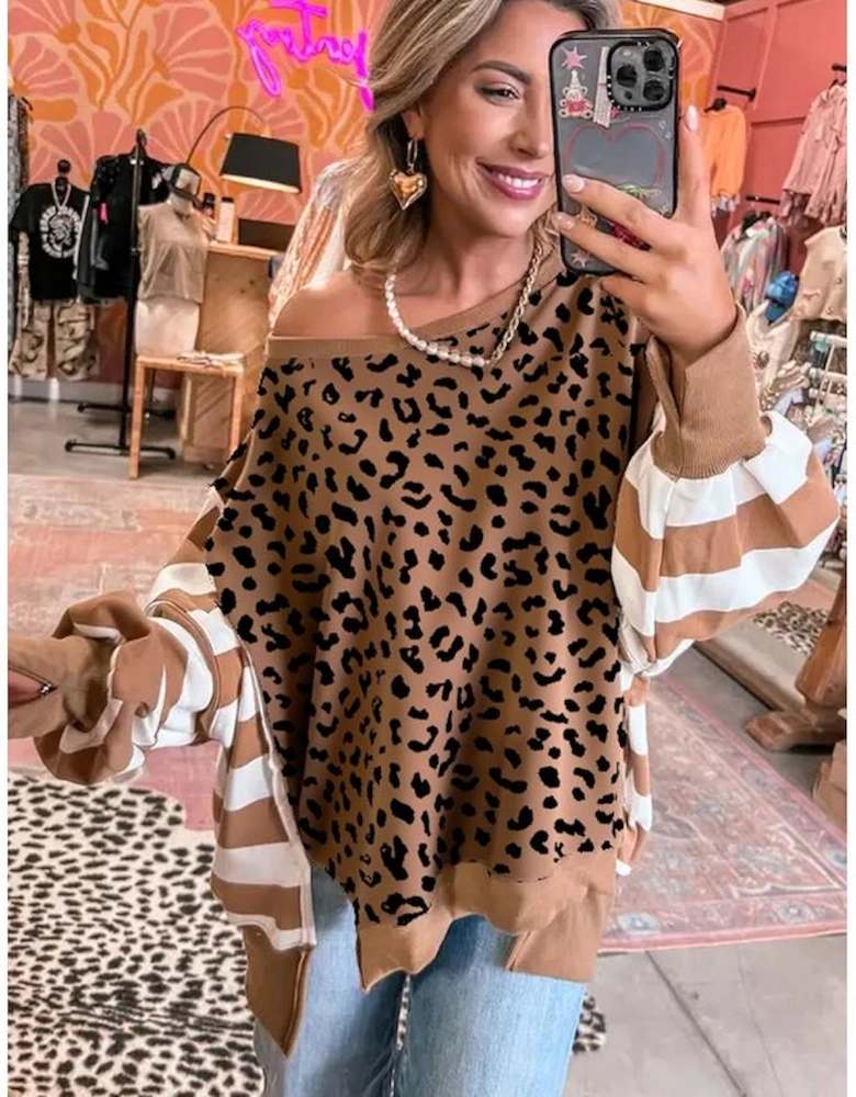 Khaki Stripe Color Block Patchwork Leopard Casual Sweatshirt with Slits