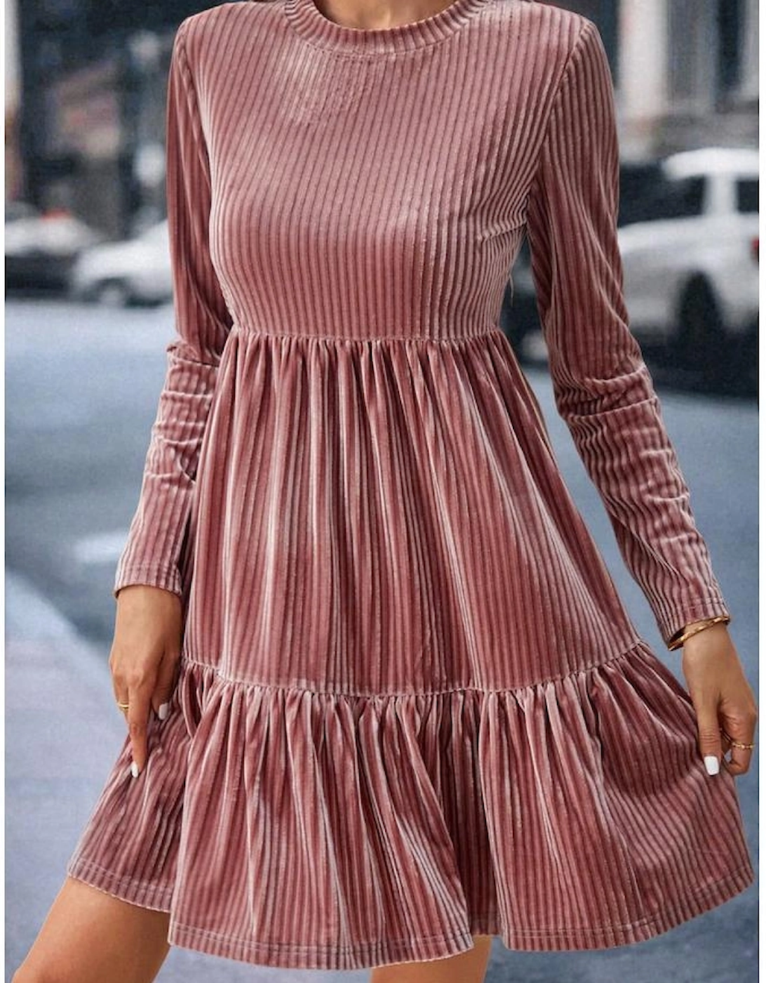 Pale Chestnut Long Sleeve Tiered Ribbed Velvet Dress