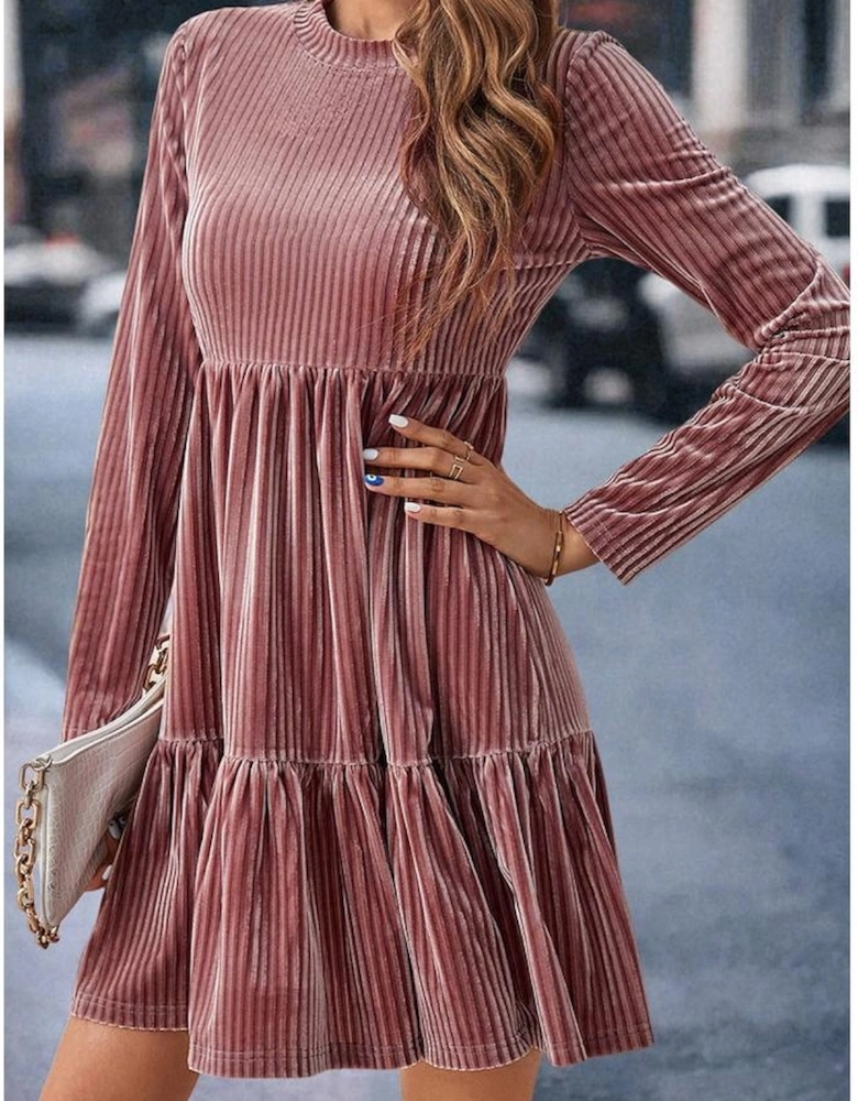 Pale Chestnut Long Sleeve Tiered Ribbed Velvet Dress