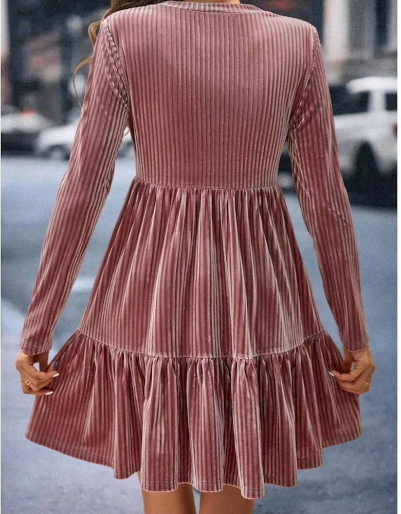 Pale Chestnut Long Sleeve Tiered Ribbed Velvet Dress