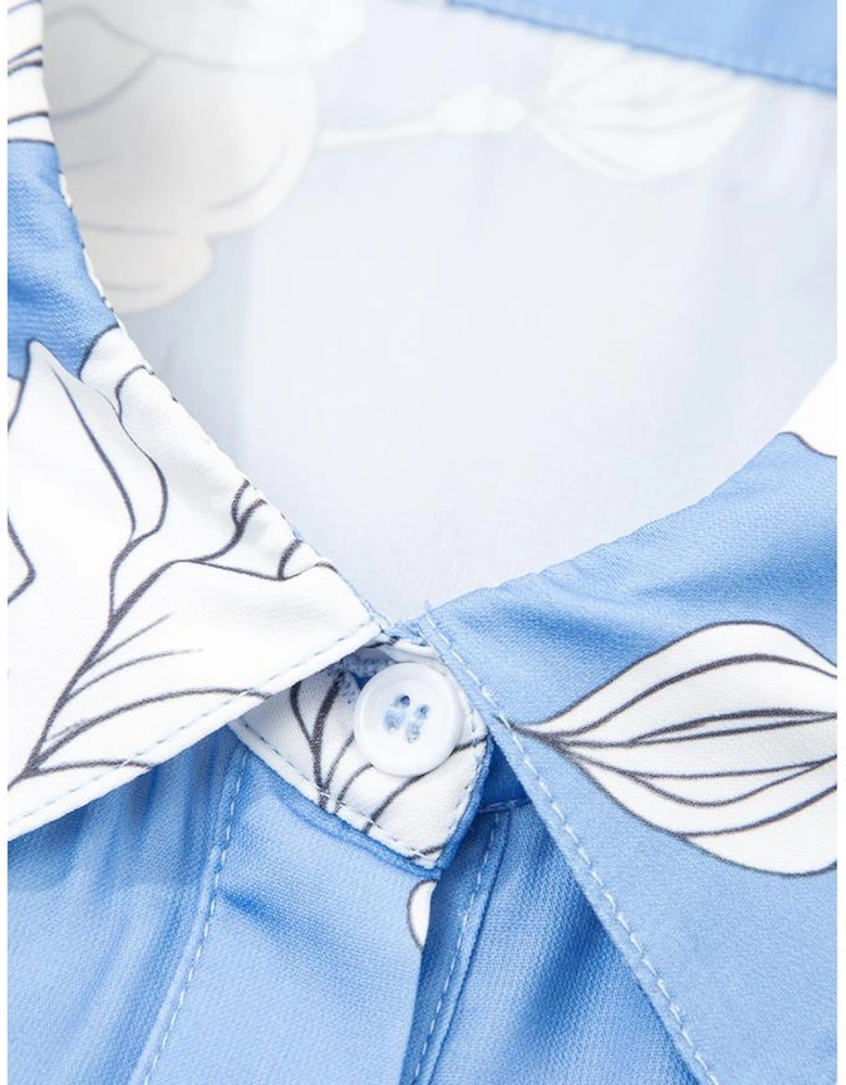 Sky Blue Floral Print Button Up Pleated Detail Puff Sleeve Shirt